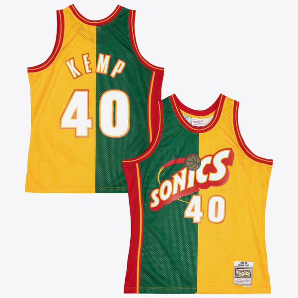 Seattle Supersonics Shawn Kemp 1995 Split Swingman Jersey - Green/Yellow