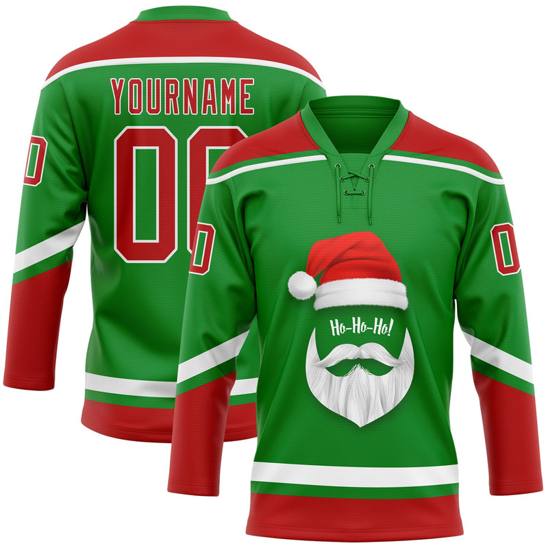 Custom Hockey Jersey, Green Red White Sportswear Jersey Shirt, Athletic Long Sleeve V Neck Jersey, Casual Gift for Men, Style 3DPattern1889