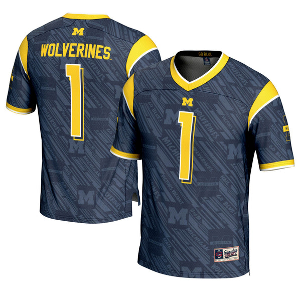 Michigan Wolverines #1 Navy Highlight Print Football Fashion Jersey