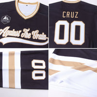 Custom Hockey Jersey, Black White Old Gold Sportswear Jersey Shirt, Athletic Long Sleeve V Neck Jersey, Casual Gift for Men