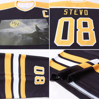 Custom Hockey Jersey, Black Gold White Sportswear Jersey Shirt, Athletic Long Sleeve V Neck Jersey, Casual Gift for Men, Style Black1034