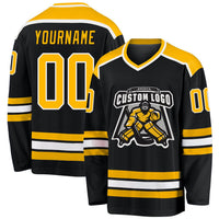 Custom Hockey Jersey, Black Gold White Sportswear Jersey Shirt, Athletic Long Sleeve V Neck Jersey, Casual Gift for Men, Style Black1034