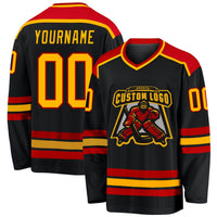 Custom Hockey Jersey, Black Gold Red Sportswear Jersey Shirt, Athletic Long Sleeve V Neck Jersey, Casual Gift for Men, Style Black1037