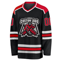Custom Hockey Jersey, Black Red White Sportswear Jersey Shirt, Athletic Long Sleeve V Neck Jersey, Casual Gift for Men, Style Black1040
