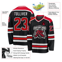 Custom Hockey Jersey, Black Red White Sportswear Jersey Shirt, Athletic Long Sleeve V Neck Jersey, Casual Gift for Men, Style Black1040