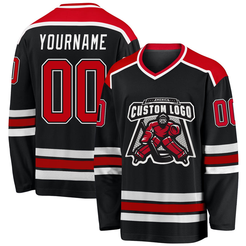 Custom Hockey Jersey, Black Red White Sportswear Jersey Shirt, Athletic Long Sleeve V Neck Jersey, Casual Gift for Men, Style Black1040