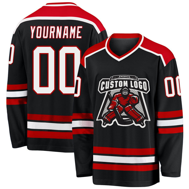 Custom Hockey Jersey, Black White Red Sportswear Jersey Shirt, Athletic Long Sleeve V Neck Jersey, Casual Gift for Men, Style Black1045