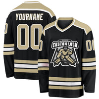 Custom Hockey Jersey, Black Vegas Gold White Sportswear Jersey Shirt, Athletic Long Sleeve V Neck Jersey, Casual Gift for Men