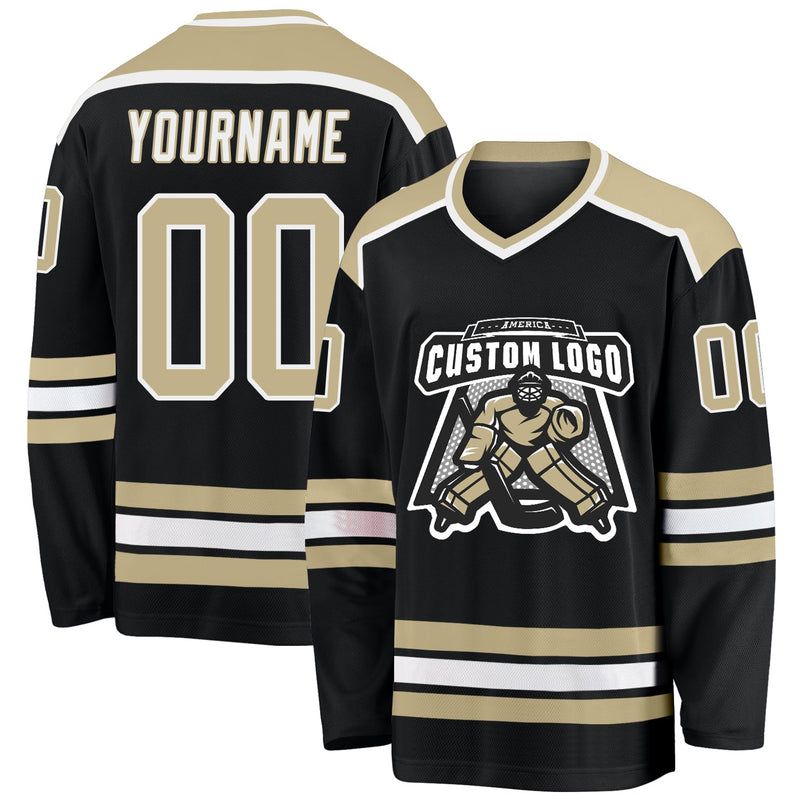 Custom Hockey Jersey, Black Vegas Gold White Sportswear Jersey Shirt, Athletic Long Sleeve V Neck Jersey, Casual Gift for Men