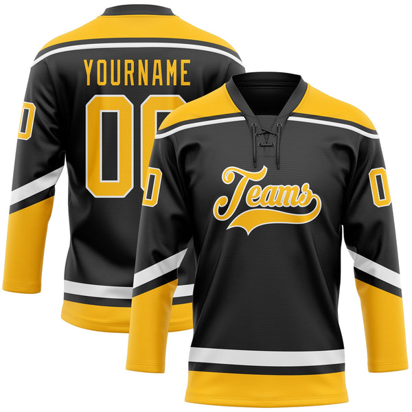 Custom Black Gold-White Hockey Lace Neck Jersey