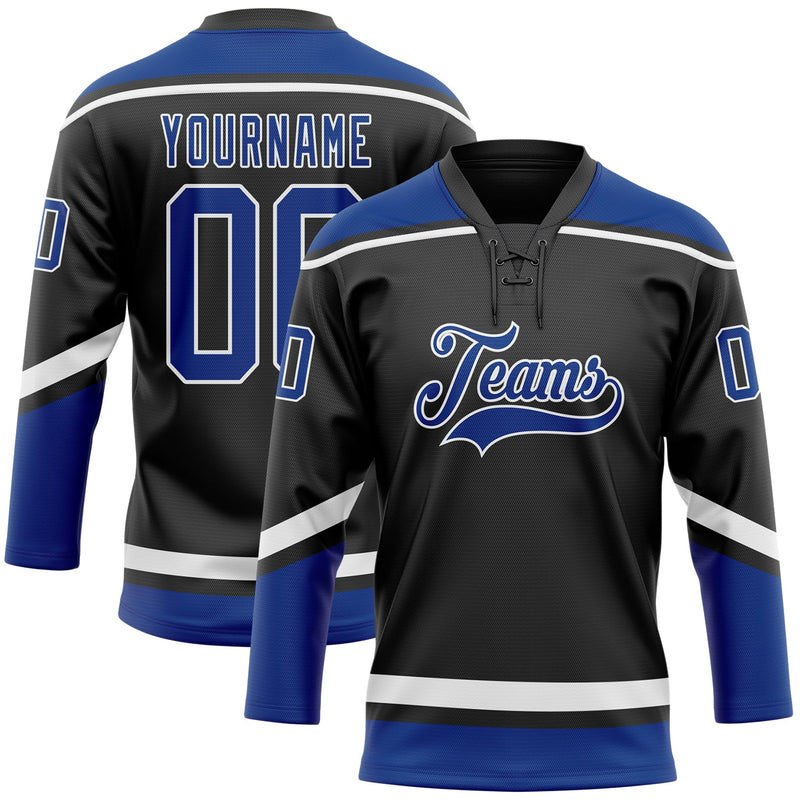 Custom Hockey Jersey, Black Royal White Sportswear Jersey Shirt, Athletic Long Sleeve V Neck Jersey, Casual Gift for Men, Style Black1619