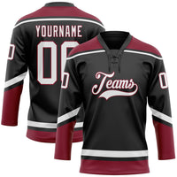 Custom Hockey Jersey, Black White Crimson Sportswear Jersey Shirt, Athletic Long Sleeve V Neck Jersey, Casual Gift for Men