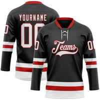 Custom Hockey Jersey, Black White Red Sportswear Jersey Shirt, Athletic Long Sleeve V Neck Jersey, Casual Gift for Men, Style Black2297