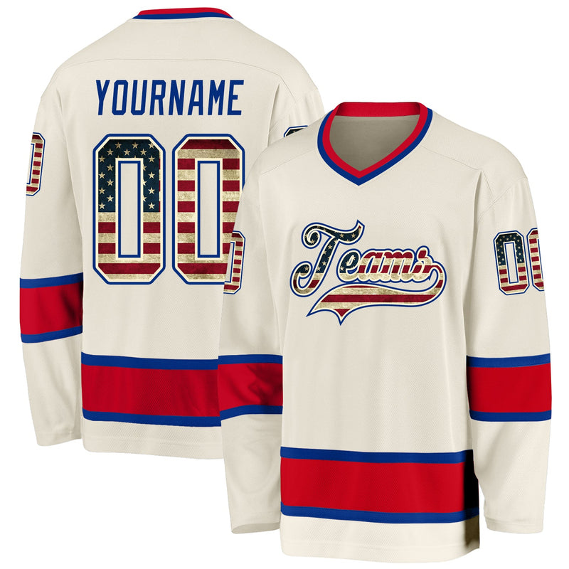 Vintage Hockey Jersey, Cream Royal Red Sportswear Jersey Shirt, Athletic Long Sleeve V Neck Jersey, Casual Gift for Men