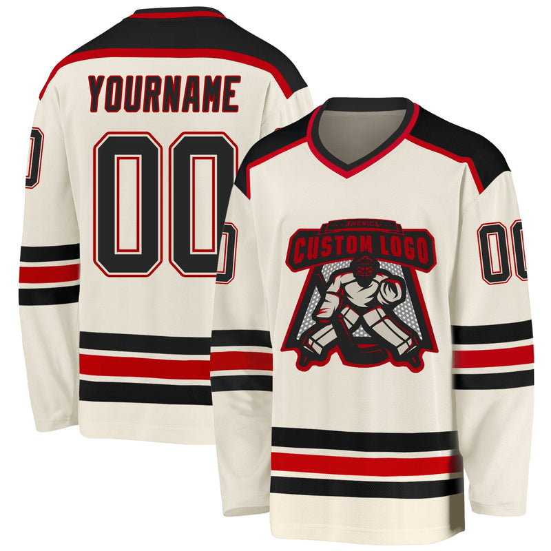 Custom Hockey Jersey, Cream Black Red Sportswear Jersey Shirt, Athletic Long Sleeve V Neck Jersey, Casual Gift for Men, Style Cream0296