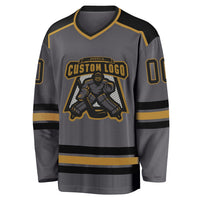 Custom Hockey Jersey, Gray Black Old Gold Sportswear Jersey Shirt, Athletic Long Sleeve V Neck Jersey, Casual Gift for Men, Style DarkGray0001