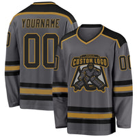 Custom Hockey Jersey, Gray Black Old Gold Sportswear Jersey Shirt, Athletic Long Sleeve V Neck Jersey, Casual Gift for Men, Style DarkGray0001