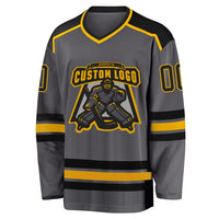 Custom Hockey Jersey, Gray Black Gold Sportswear Jersey Shirt, Athletic Long Sleeve V Neck Jersey, Casual Gift for Men