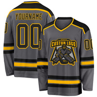 Custom Hockey Jersey, Gray Black Gold Sportswear Jersey Shirt, Athletic Long Sleeve V Neck Jersey, Casual Gift for Men