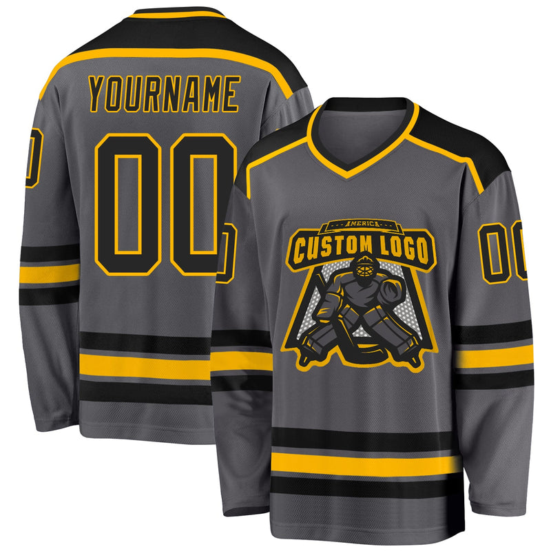 Custom Hockey Jersey, Gray Black Gold Sportswear Jersey Shirt, Athletic Long Sleeve V Neck Jersey, Casual Gift for Men