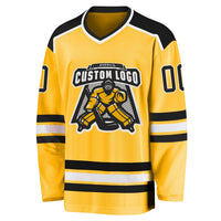 Custom Hockey Jersey, Gold Black White Sportswear Jersey Shirt, Athletic Long Sleeve V Neck Jersey, Casual Gift for Men