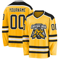 Custom Hockey Jersey, Gold Black White Sportswear Jersey Shirt, Athletic Long Sleeve V Neck Jersey, Casual Gift for Men