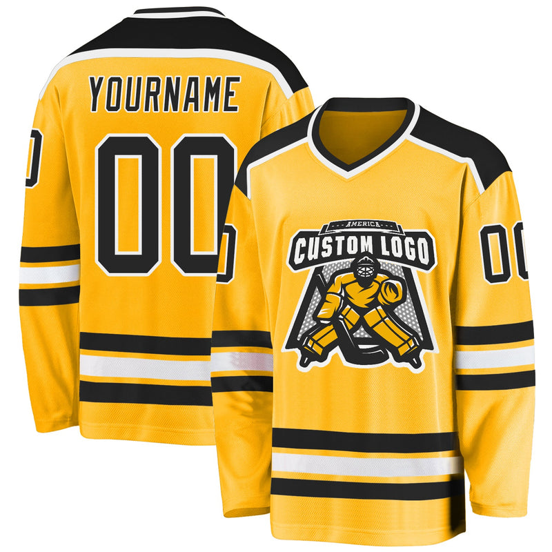 Custom Hockey Jersey, Gold Black White Sportswear Jersey Shirt, Athletic Long Sleeve V Neck Jersey, Casual Gift for Men