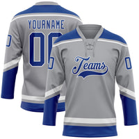 Custom Hockey Jersey, Gray Royal White Sportswear Jersey Shirt, Athletic Long Sleeve V Neck Jersey, Casual Gift for Men