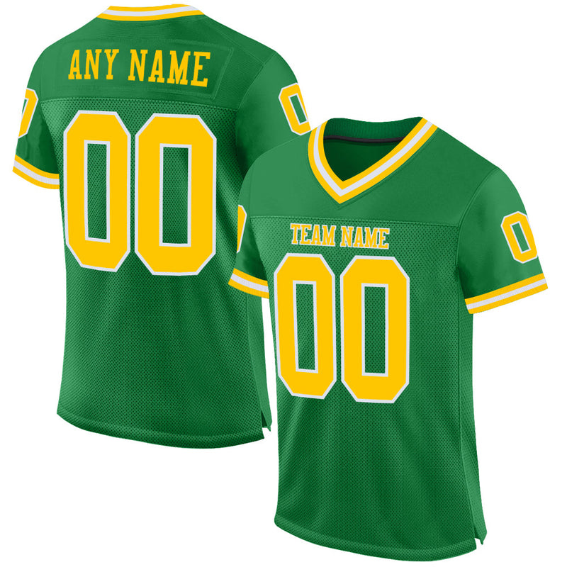 Custom Football Jersey, Green Gold Sportswear Jersey Shirt, Athletic Mesh Moisture Wicking Jersey, Casual Gift for Men, Style KellyGreen0260