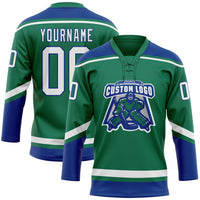 Custom Hockey Jersey, Kelly Green White Sportswear Jersey Shirt, Athletic Long Sleeve V Neck Jersey, Casual Gift for Men, Style KellyGreen0475