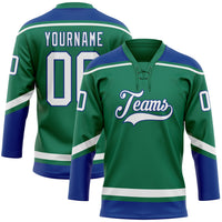 Custom Hockey Jersey, Kelly Green White Sportswear Jersey Shirt, Athletic Long Sleeve V Neck Jersey, Casual Gift for Men, Style KellyGreen0475