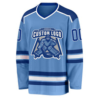 Custom Hockey Jersey, Light Blue Royal White Sportswear Jersey Shirt, Athletic Long Sleeve V Neck Jersey, Casual Gift for Men