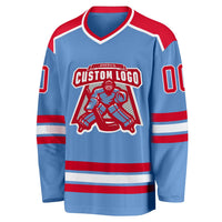 Custom Hockey Jersey, Light Blue Red White Sportswear Jersey Shirt, Athletic Long Sleeve V Neck Jersey, Casual Gift for Men