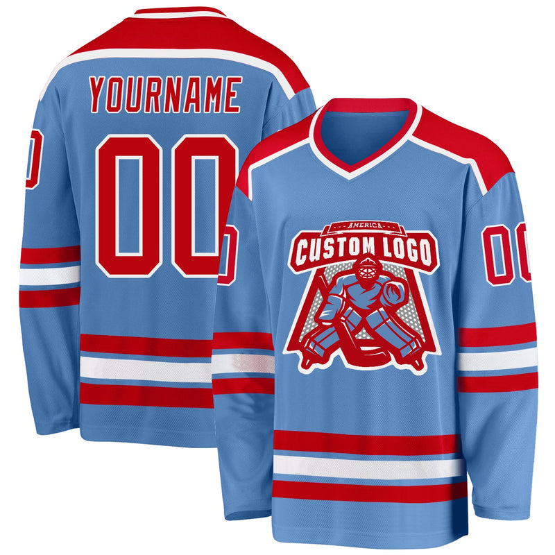 Custom Hockey Jersey, Light Blue Red White Sportswear Jersey Shirt, Athletic Long Sleeve V Neck Jersey, Casual Gift for Men