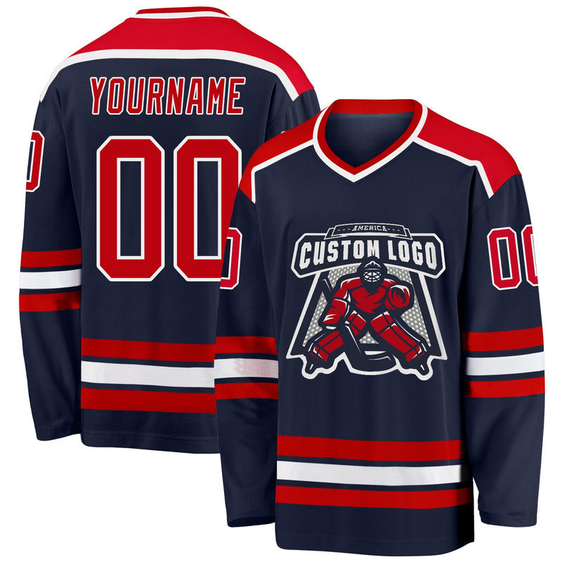 Custom Hockey Jersey, Navy Red White Sportswear Jersey Shirt, Athletic Long Sleeve V Neck Jersey, Casual Gift for Men