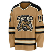 Custom Hockey Jersey, Old Gold Black Cream Sportswear Jersey Shirt, Athletic Long Sleeve V Neck Jersey, Casual Gift for Men, Style OldGold0034