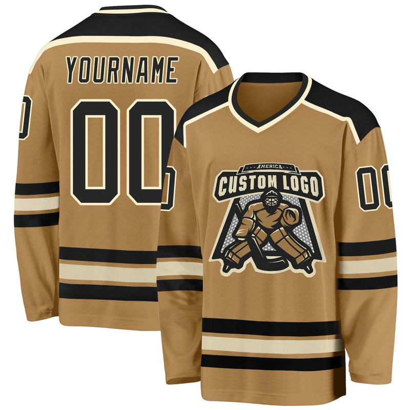 Custom Hockey Jersey, Old Gold Black Cream Sportswear Jersey Shirt, Athletic Long Sleeve V Neck Jersey, Casual Gift for Men, Style OldGold0034