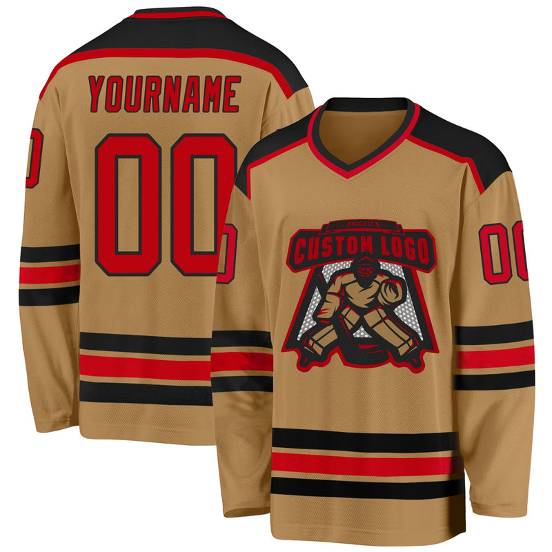 Custom Hockey Jersey, Old Gold Red Black Sportswear Jersey Shirt, Athletic Long Sleeve V Neck Jersey, Casual Gift for Men