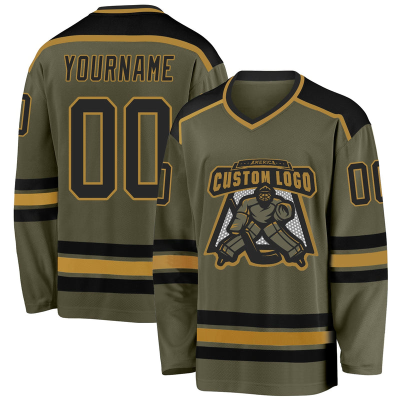 Custom Hockey Jersey, Black Old Gold Sportswear Jersey Shirt, Athletic Long Sleeve V Neck Jersey, Casual Gift for Men, Style Olive0118