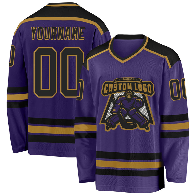 Custom Hockey Jersey, Purple Black Old Gold Sportswear Jersey Shirt, Athletic Long Sleeve V Neck Jersey, Casual Gift for Men