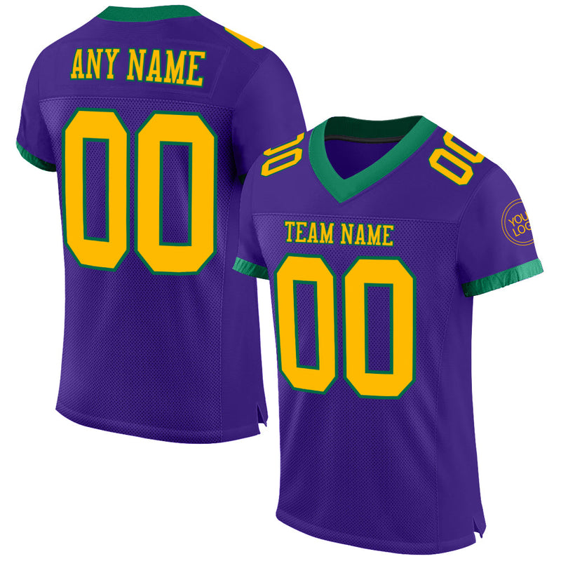 Custom Football Jersey, Purple Gold Kelly Sportswear Jersey Shirt, Athletic Mesh Moisture Wicking Jersey, Casual Gift for Men, Style Purple0456