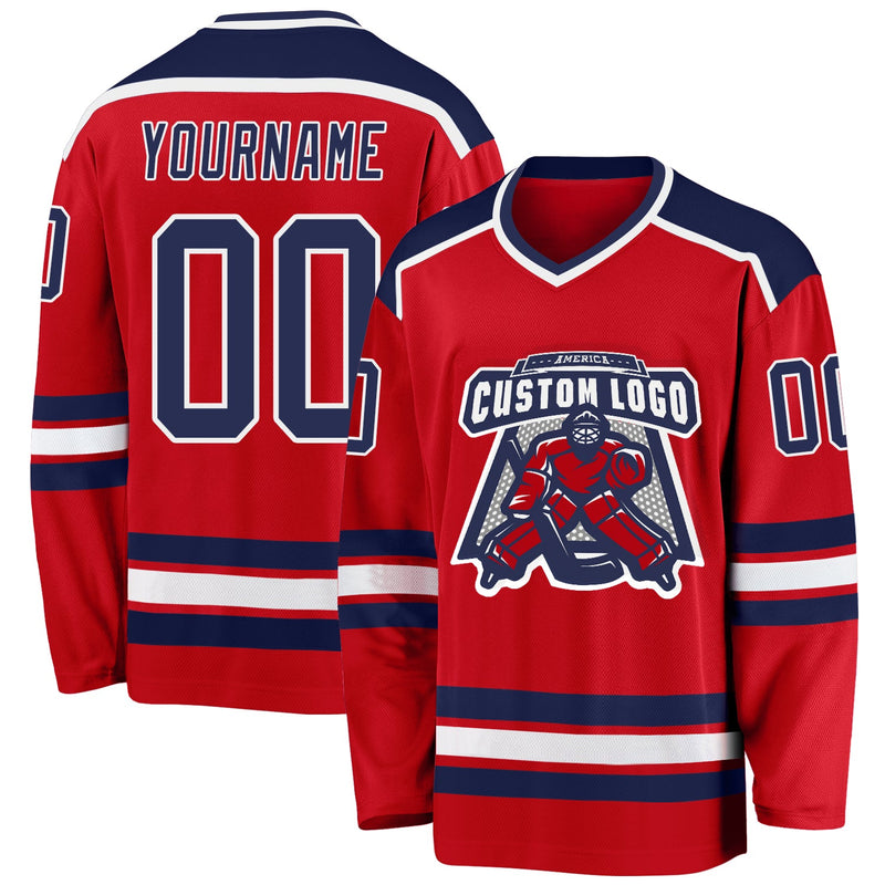 Custom Hockey Jersey, Red Navy White Sportswear Jersey Shirt, Athletic Long Sleeve V Neck Jersey, Casual Gift for Men