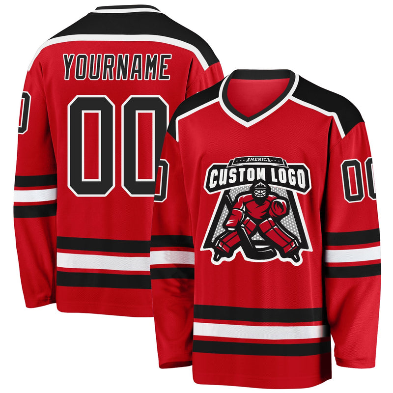 Custom Hockey Jersey, Red Black White Sportswear Jersey Shirt, Athletic Long Sleeve V Neck Jersey, Casual Gift for Men, Style Red0481