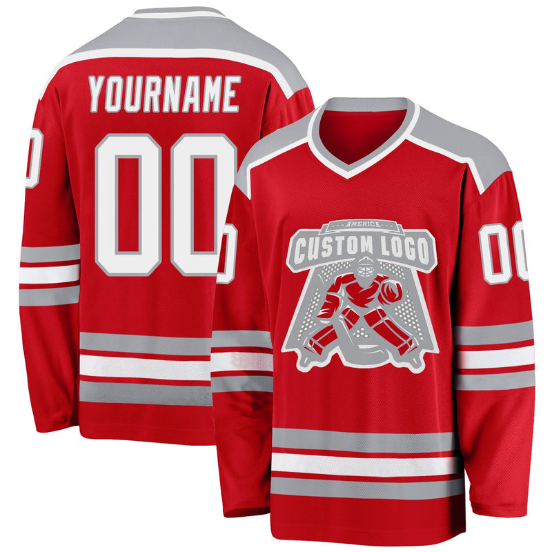 Custom Hockey Jersey, Red White Gray Sportswear Jersey Shirt, Athletic Long Sleeve V Neck Jersey, Casual Gift for Men