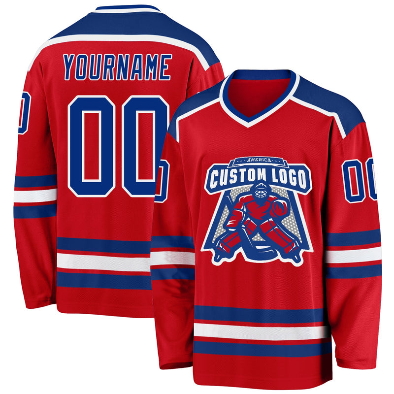 Custom Hockey Jersey, Red Royal White Sportswear Jersey Shirt, Athletic Long Sleeve V Neck Jersey, Casual Gift for Men