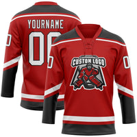 Custom Hockey Jersey, Red White Black Sportswear Jersey Shirt, Athletic Long Sleeve V Neck Jersey, Casual Gift for Men, Style Red0644