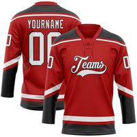 Custom Hockey Jersey, Red White Black Sportswear Jersey Shirt, Athletic Long Sleeve V Neck Jersey, Casual Gift for Men, Style Red0644