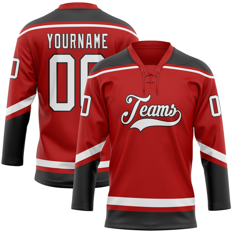 Custom Hockey Jersey, Red White Black Sportswear Jersey Shirt, Athletic Long Sleeve V Neck Jersey, Casual Gift for Men, Style Red0644