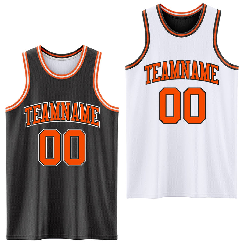 Custom Basketball Jersey, Black Orange White Sportswear Jersey Shirt, Athletic Mesh Moisture Wicking Jersey, Casual Gift for Men