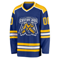 Custom Hockey Jersey, Royal Gold White Sportswear Jersey Shirt, Athletic Long Sleeve V Neck Jersey, Casual Gift for Men, Style Royal0390